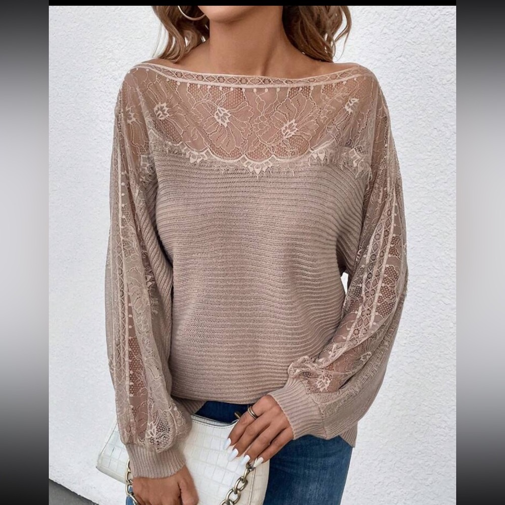 Comfy Elegant Sheer Mesh Lace Boat Neck Batwing Sleeve Sweater Top